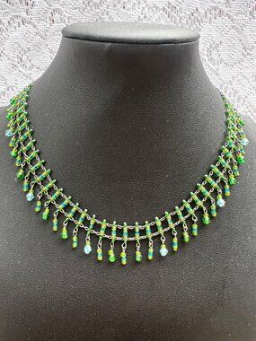 Handcrafted Green & Blue Beaded Bib Necklace With Silver Chain & Adjustable Boho